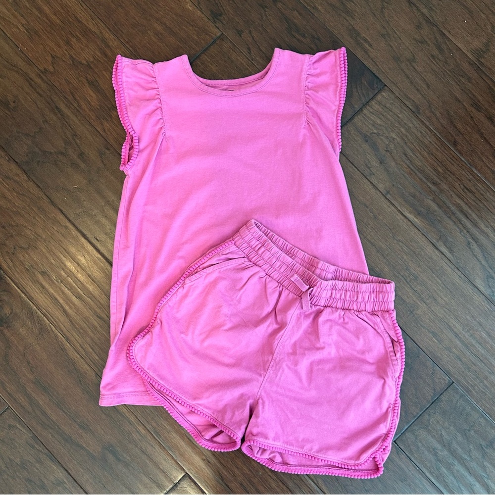 Tea Collection Pink Ruffle Sleeve Top and Pom Pom Shorts Set